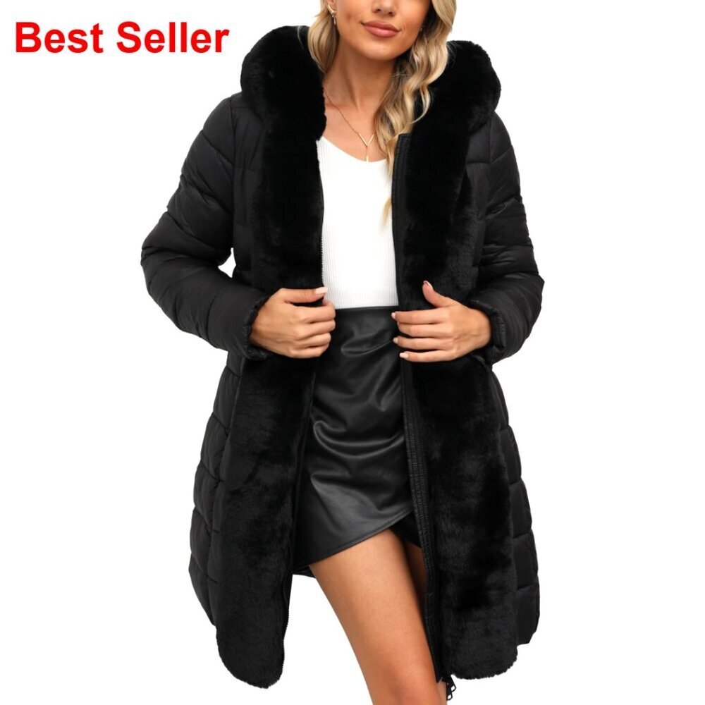 Faux Leather Puffer Jacket with Fur Hood and Belt, Water-Resistant